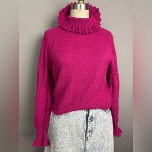 Vintage 80s Fuchsia Cowl Neck Ruffled Sweater
